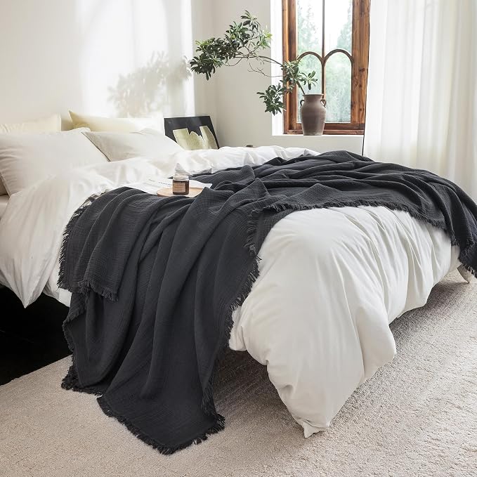 FOSSA Muslin Blanket: 4-Layer 100% Cotton Gauze Blanket with Fringe 98"x98" | Super Soft Breathable Lightweight All Season & Decorative Blanket or Bed, Sofa, Office (Dark Gray,Oversize Queen)