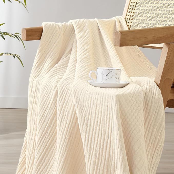 David's Home Soft Muslin Blanket King Size for Adults, 60% Rayon 40% Cotton, Breathable Lightweight Cooling Blanket for Hot Sleepers, 4-Layer Cozy Gauze for Bed, 108"x90", Natural/Birch