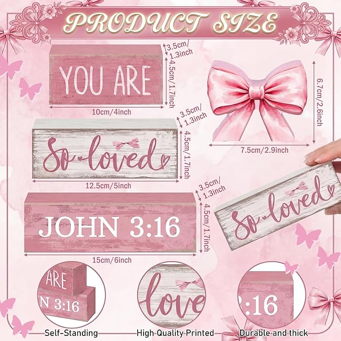 Lineshading 4 Pcs Christian Table Decor Pink Bow Wooden Block Signs Set "you Are So Loved John 3: 16” Christian Gifts for Women Coquette Aesthetic Bow Centerpieces for Home Office Shelf Decorations