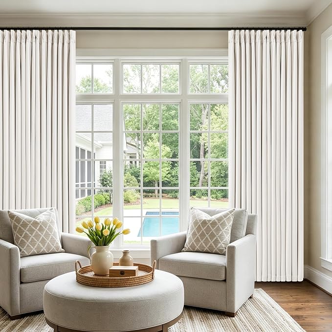 Cream White Pleated Blackout Curtains 120 Inches Long 2 Panels for Bedroom Living Room Darkening Neutral Memory Shape Pinch Pleat Black Out Heavy Duty Insulated Ivory Curtain Drapes with Liner