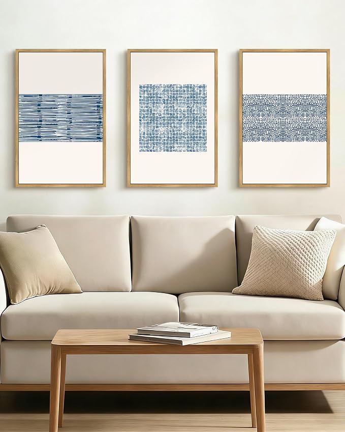 PHOPAGO Blue Abstract Framed Wall Art Large 16x24in Modern Boho Neutral Line Wall Decor Bohemain Minimalist Geometric Artwork Home Decor - Natural Framed