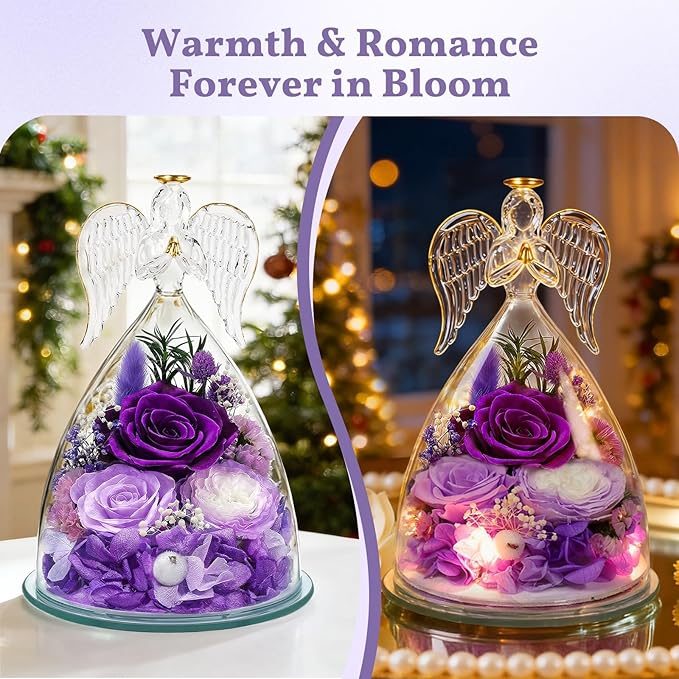 TranquilBliss Gifts for Mom, Flowers for Mother’s Day, Preserved Rose in Glass Dome with Light, Angel Figurines for Her Birthday, Valentine’s Day for Wife, Grandma, Women - Purple