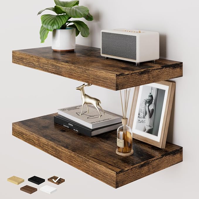 RICHFOCUS Deep Floating Shelves for Wall 2 Pack 12" D 24 Inch Wall Shelves for Room Wall|Wood Hanging Shelf with Invisible Brackets for Bathroom Bedroom Kitchen Laundry Room, Rustic Brown