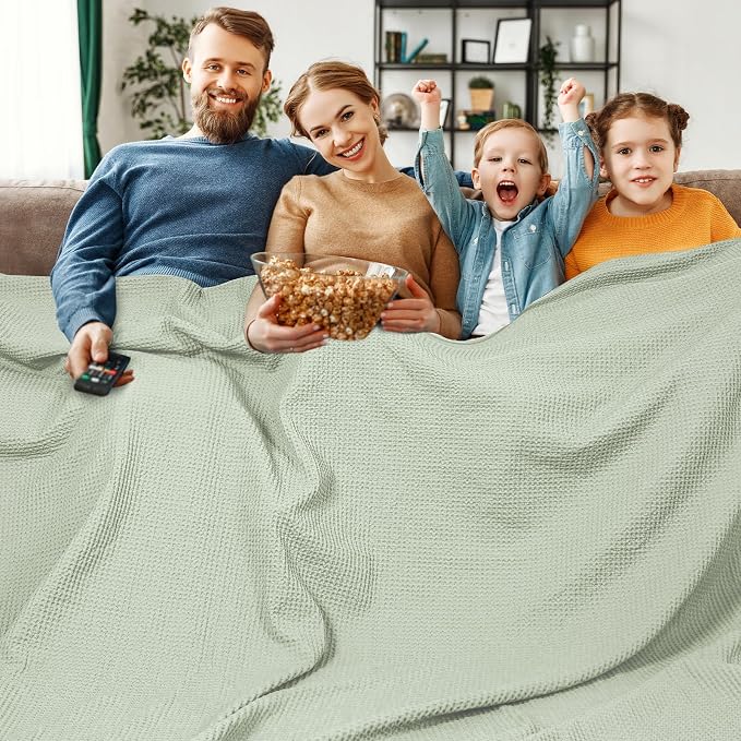 PHF Pre-Washed Cotton Waffle Weave Family Blanket,Oversized King Size 120"x 120"-Snag Proof Lightweight Breathable, 10'x 10' Huge Extra Large Big-Elegant Aesthetic Home Decoration Gift,Sage Green