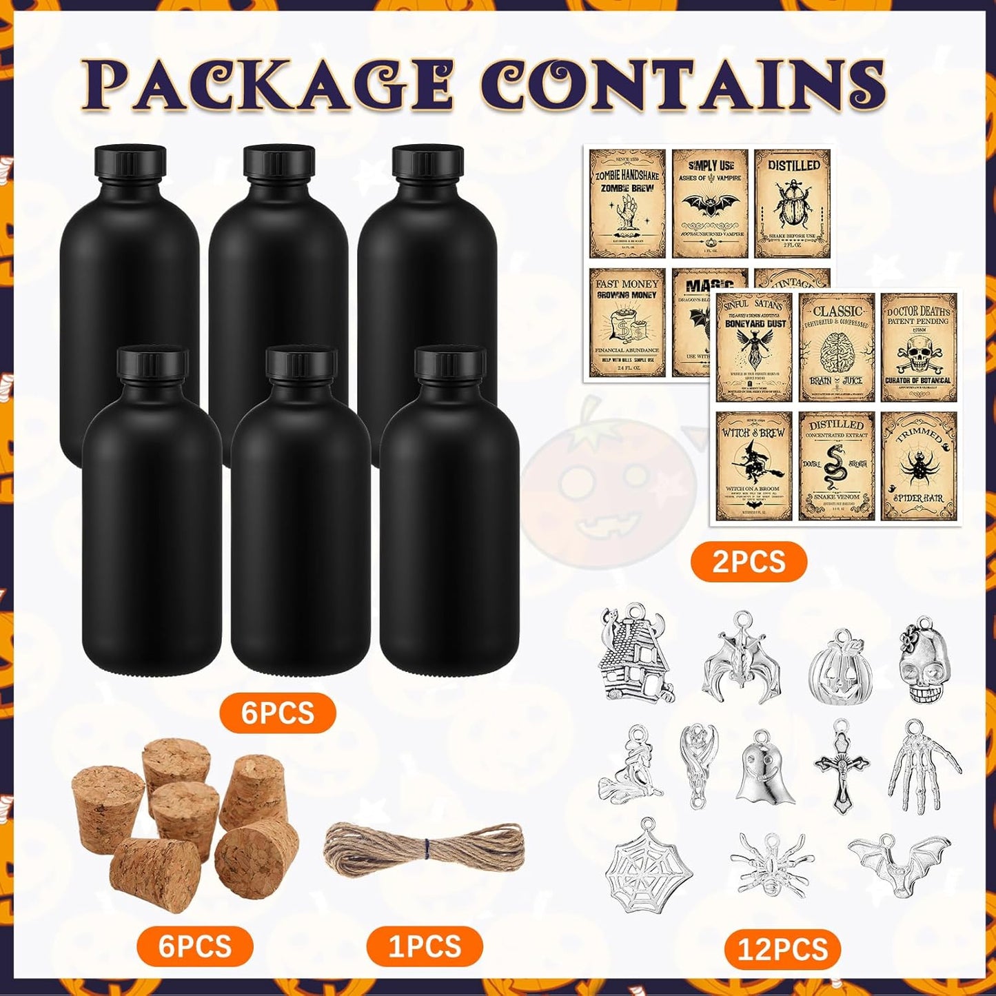 Uiifan 31 Pcs Halloween Potion Bottles Set Including Glass Apothecary Bottles with Cork Stickers and Pendants Halloween Decorations Indoor Party Supplies (Black,8.5 oz)