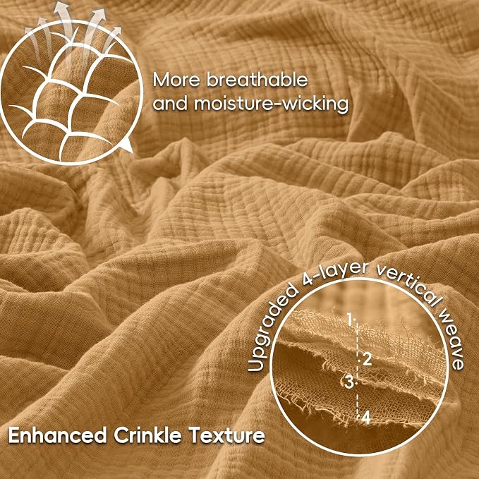 PHF 100% Cotton Muslin Throw Blanket 50" x 60", 4-Layer Lightweight Gauze Throw, Breathable Cloud-Soft Minimalist Blanket for Bed, Couch, Camping, Amber, Ideal Gift
