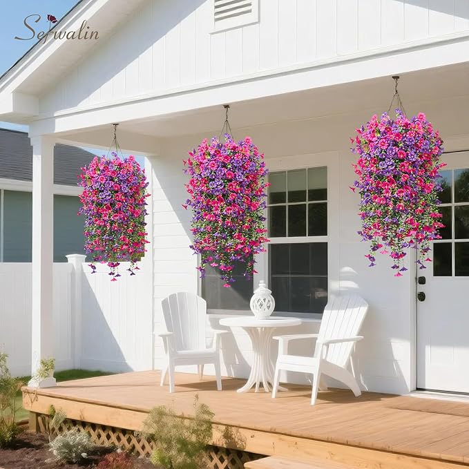 Serwalin Artificial Hanging Flowers for Outdoors Decoration, 4PCS UV Resistant Silk Artificial Fake Plants Outdoor for Porch Patio Balcony Indoor Planter Yard Decor (Purple&Rose Pink,4PCS)