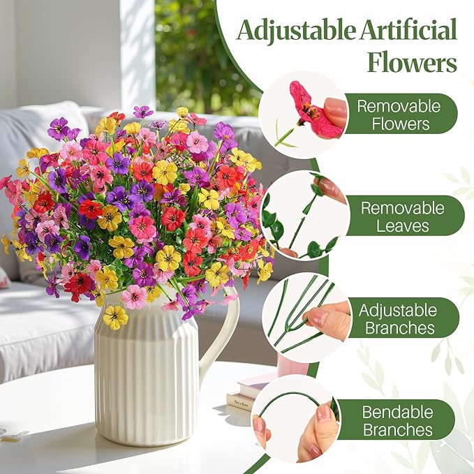 Alupssuc 48 Bundles Artificial Flowers for Outdoors Decoration, UV Resistant Silk Faux Floral Spring Fake Plastic Plants Greenery for Outside Indoor Porch Window Planter Home Decor(Upgrade 6 Colors)
