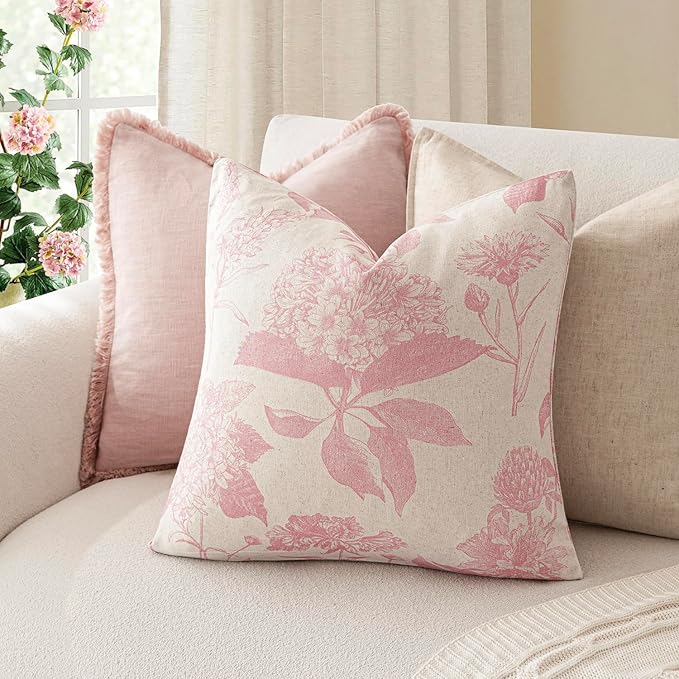 Foindtower Set of 2 Linen Floral Throw Pillow Covers Neutral Vintage Print Decorative Cozy Cushion Covers Farmhouse Boho Home Decor for Sofa Chair Couch Bedroom Living Room,18×18 Inch,Light Pink