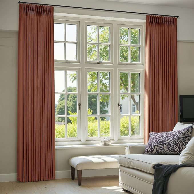 Terracotta Burnt Orange Thick Linen Curtains Pinch Pleated 120 Inch Length 2 Panels for Living Room Bedroom Semi Sheer Light Filtering Heavy Linen Drapes