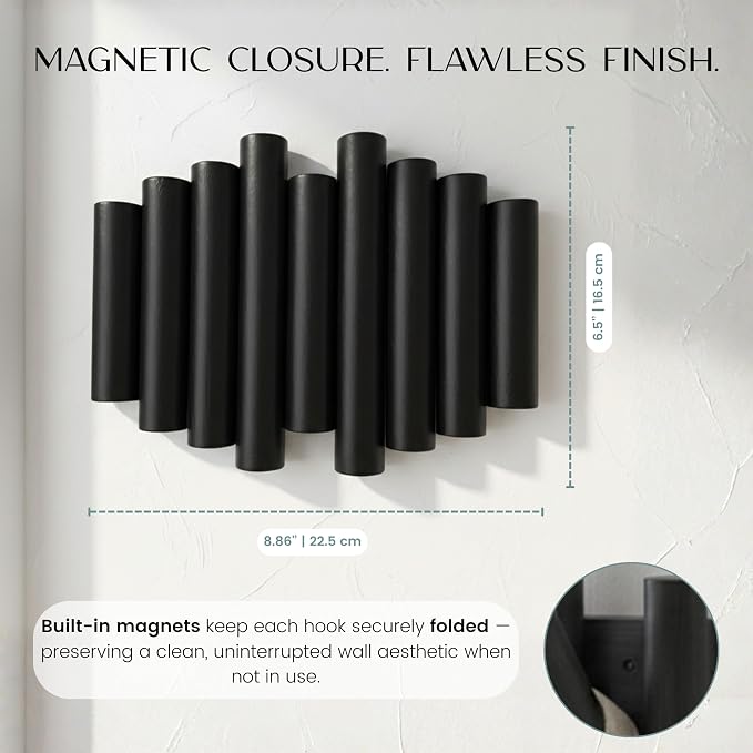 Bamboo Piano Coat Rack Wall Mount Pivoting Retractable Wooden Hooks for Entryway Hallway Mudroom Bedroom Bathroom | Matte Black Wood Hanger, 3 Hooks, Space Saving Organizer