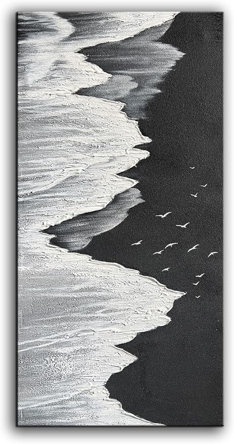 YaSheng Art - Oil Painting on Canvas Texture Black and White Ocean scenery sandbeach 3D Oil Painting Hand-Painted Abstract Artwork Paintings Modern Home Decor Living room sofa bedroom dining room hanging pictures Canvas Wall Art 24x48inch
