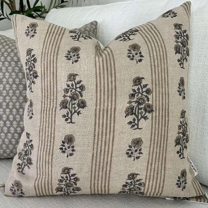 Linen Throw Pillow Covers 20x20 inch Floral Pillows Stripe Spring Decorative Pillow Covers for Living Room, Bedroom