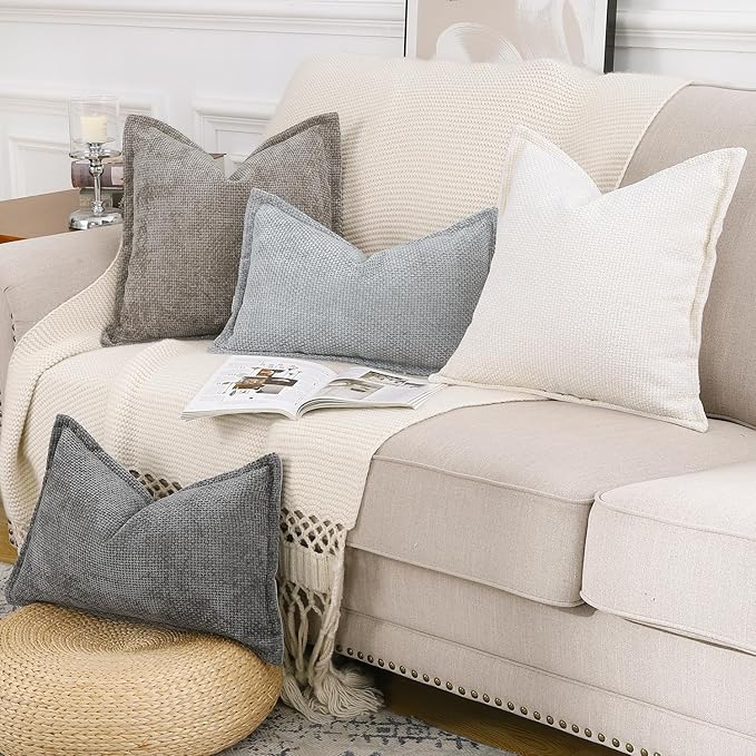MADIZZ Decorative Chenille Velvet Throw Pillow Covers Set of 2 Soft Boho Textured Neutral Couch Throw Pillow for Bed Modern Farmhouse Home Decor for Sofa Livingroom Cream 12x20 Inch