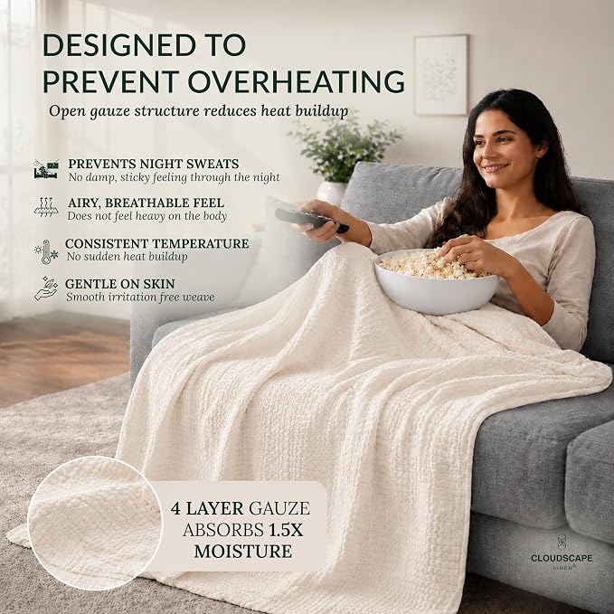 CLOUDSCAPE 4 Layer Muslin Blanket for Adults - 100% Cotton Throw Blanket - 50"x70" Oversized Gauze Throw for Sofa, Couch - Soft Lightweight Breathable Muslin Cotton Throws for Summer - Ivory