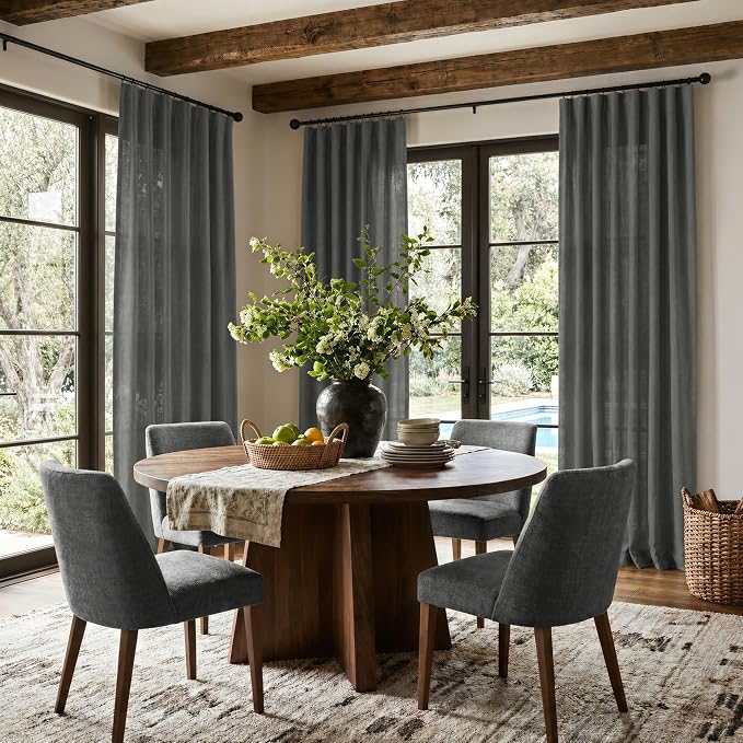 Dark Grey Curtains 84 Inch Length 2 Panels Set for Living Room Pleated Sheer Linen Light Filtering Modern Farmhouse Thick Privacy Floor Length Curtains Drapes 84 Inches Long for Bedroom Charcoal Gray