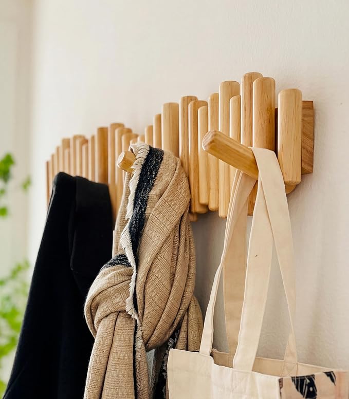 Modern Wooden Wall Mounted Coat Rack, 5-Hooks, Decorative Wall Hooks for Purse, Bags & Hats, Heavy Duty, Sturdy, Natural Pine Wood, Pull Down Hooks, Easy to Install