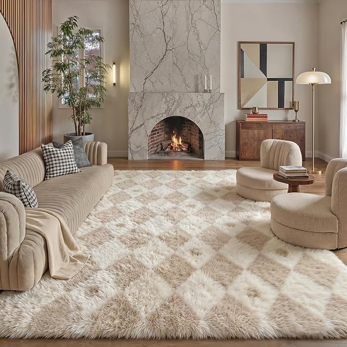 PureCozy Checkered Rug 6x9 Fluffy Shag Living Room Beige Area Rug Modern Washable Carpet Soft Shaggy Non Slip Indoor Plush Fuzzy Rugs for Bedroom Dorm Office Home Aesthetic Decor