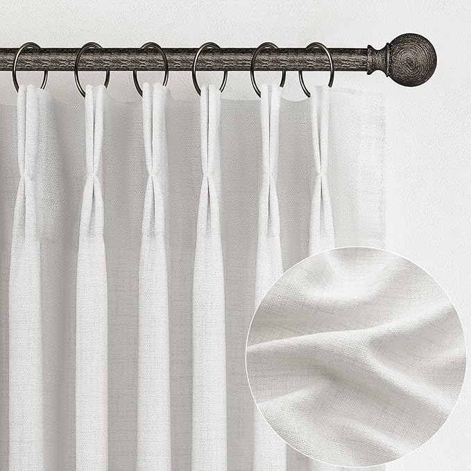 Pinch Pleated Extra Wide 70 x 96 Inch Curtains 2 Panel Set for Bedroom, Modern Beige White Linen Blend Light Filtering Window Drapes Privacy Semi Sheer Memory Shape Trained Viral Curtain 8ft Long
