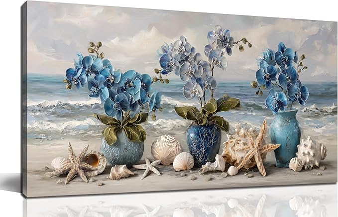 AOZEMI Blue Wall Art Beach Ocean Wall Decor Flower Canvas Art Coastal Seascape Pictures Floral Vase Poster Starfish Conch Shell Print Art for Bedroom Bathroom Living Room Office 20"x 40"