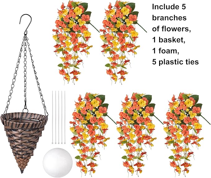 HyeFlora Artificial Fake Hanging Flowers Plants Baskets for Outdoor Decoration, 5Pcs Faux Silk Hibiscus Long Vines in Planter Look Real for Outside Home Porch Patio Garden (YellowOrange)