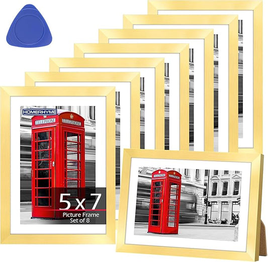 5x7 Picture Frames 8 Pack, Gold Frames for Wall or Tabletop Display, Photo Frame Collage with HD Plexiglass for Home Office Wall Decor, Display Pictures 4x6 with Mat or 5x7 Without Mat
