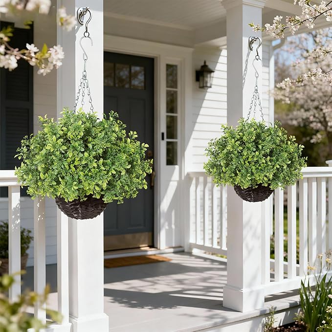 2PCS Artificial Boxwood Plants with Hanging Basket - Fake Aglaia Odorata Hanging Planters Faux Greenery UV Resistant Eucalyptus Leaves for Front Porch Patio Garden Farmhouse Home Decor (Green)