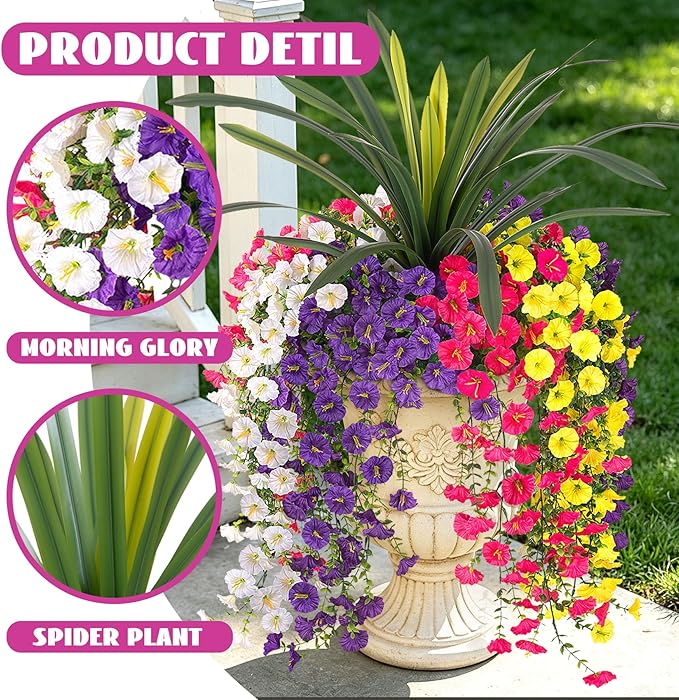 8 Bundles Fake Artificial Morning Glory Flowers for Outdoors, 1 Bundle Faux Greenery Plants UV Resistant Weatherproof for Indoor Outdoor Garden Patio Window Box Home Decor