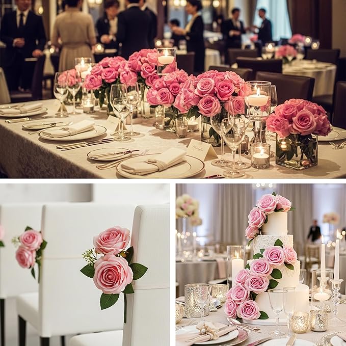 Auihiay 60PCS Pink Roses, Artificial Roses, Velvet Silk Fake Roses, Realistic Pink Artificial Flowers for Mother's Day, Wedding Centerpieces, Bridal Bouquets, Home Decor, Anniversary Decorations
