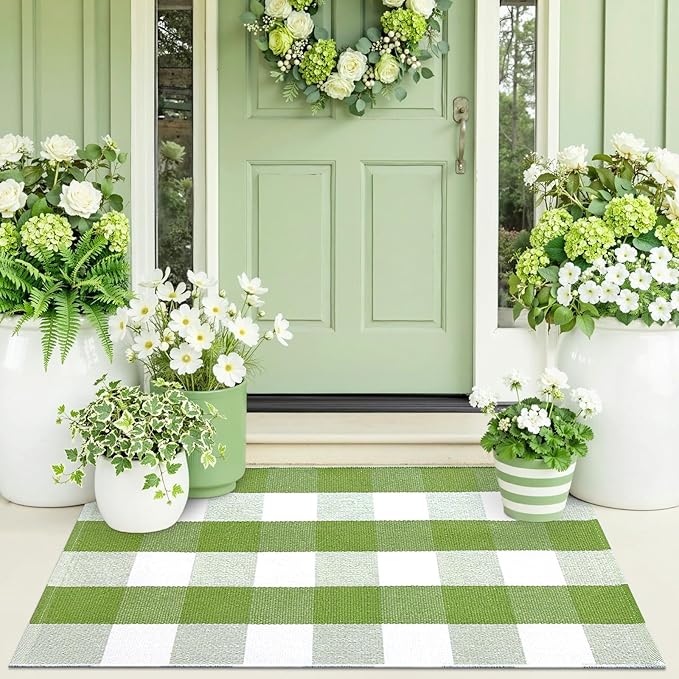 OLANLY Buffalo Plaid Rug 2' x 3' (24" x 36") – Green and White Cotton Checkered Doormat, Washable Indoor Outdoor Rug for Layered Front Porch, Kitchen, Entryway Decor