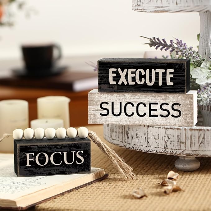 Yuntau 4 Pcs Motivational Wooden Tabletop Decor Inspirational Tiered Tray Decor Rustic Retro Wood Bead Garland Focus Execute Success Block Sign Gift Farmhouse Centerpiece for Home Shelf Mantle