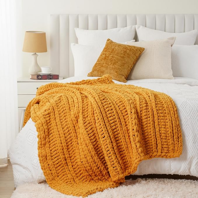 Battilo Chunky Knit Throw Blanket for Couch, Bed, 50"x60"，Mustard Yellow | Hand Knit, BohoThrow Blanket, Fall Decorative Throw, Cozy Warm Thick Soft Chenille Throw Blanket for Living Room