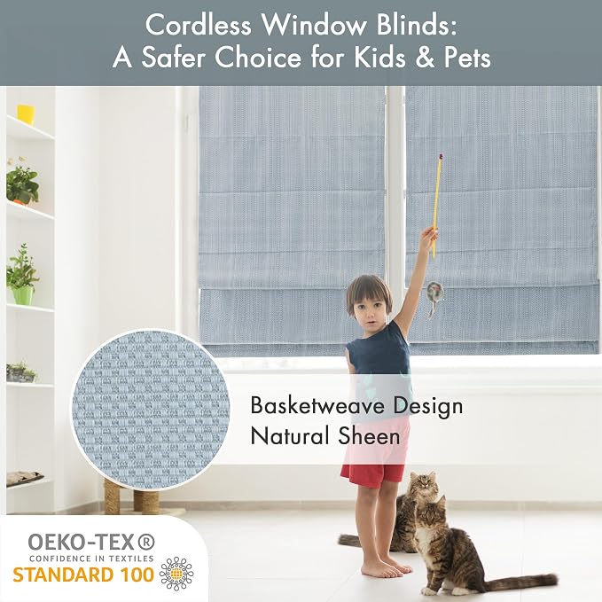 Madison Park Galen Cordless Roman Shade, 27"W x 64"H, Sheen Blue – Room Darkening, Thermal Insulated, Energy Efficient Window Blind with Subtle Sheen Basketweave Fabric for Privacy