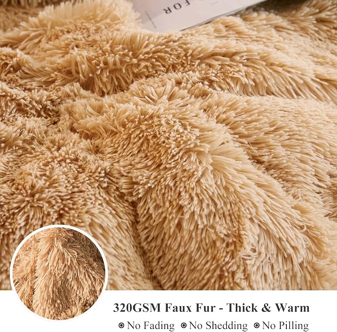 XeGe Plush Shaggy Duvet Cover Set, Luxury Ultra Soft Crystal Velvet Fluffy Bedding Sets 3 Pieces(1 Furry Faux Fur Comforter Cover + 2 Fuzzy Faux Fur Pillowcases), Zipper Closure(Queen, Camel)