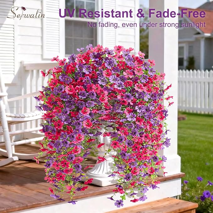 Serwalin 6PCS Artificial Hanging Flowers for Outdoors, UV Resistant Fake Hanging Plants, Realistic Weatherproof Outdoor Decor for Patio, Porch, Garden & Window (Purple& Hot Pink,6PCS)
