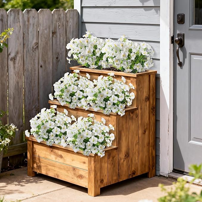 INQCMY Artificial Fake Petunias Flowers for Outdoors Spring Summer Decoration, 12 Bundles Faux Flower Plants UV Resistant White Realistic Silk Flower for Outside Planters Patio Porch Yard Window Box