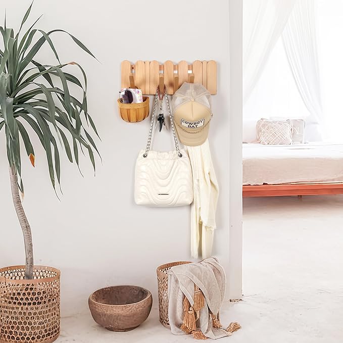 Coat Rack Wall Mount: Wooden Boho Wall Decor 6 Hooks 16.8'' Entryway Hanger with Magnetic Foldable Hooks Mounted, Space Saving for Hanging Jacket Bag for Apartments & Modern Homes