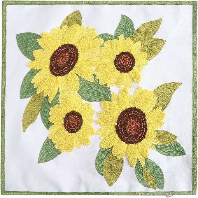 Embroidery Throw Pillow Covers 4 Sunflowers 18x18 Inch Decorative Cushion Case Floral Design 100% Cotton Home Decor Yellow Flowers 45x45cm, 1 Piece