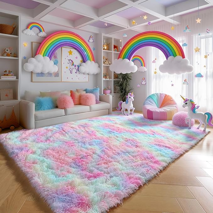 PAGISOFE Fluffy Colorful Rainbow Rugs for Bedroom Girls 5x7, Soft Unicorn Shag Cute Girls Room Rugs for Kids Playroom Living Room Nursery Home Decor, Furry Kawaii Princess Rug,Pastel Shaggy Rug Carpet