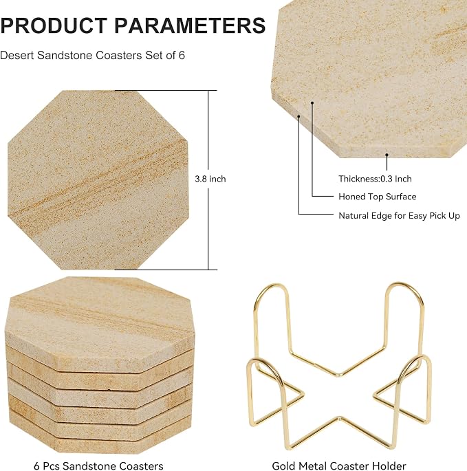 Octagonal Sandstone Coasters Set of 6 with Holder, Absorbent Stone Coasters with Soft Backing for Table Protection, Farmhouse Rustic Sandstone Coaster for Coffee Table Desk Patio Home Decor