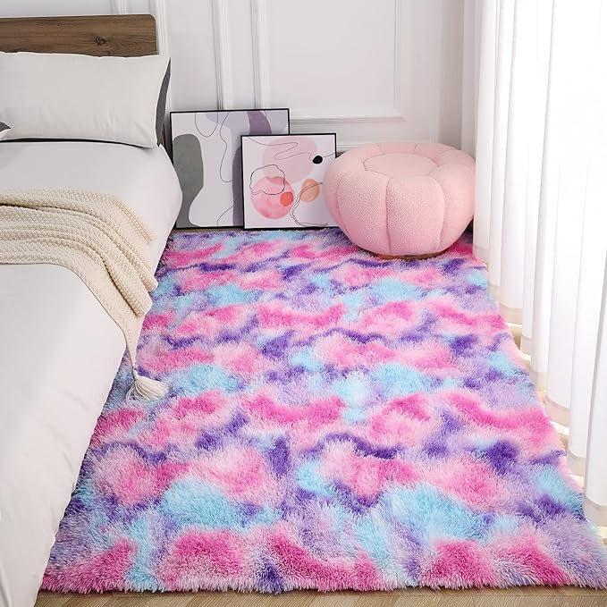AROGAN Soft Rainbow Area Rugs for Girls Room 5x8 Feet, Fluffy Girls Bedroom Rugs, Princess Rug, Cute Colorful Carpet for Kids Teens Nursery Toddler, Hot Pink