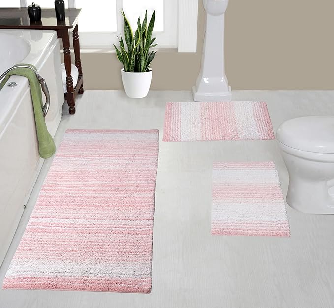 Home Weavers 100% Cotton Gradiation Collection Bathroom Décor | Washable Rug | Bathroom Mat | Kitchen Mat | Bathroom Rug Set | Bath Mat Set | Bath Floor Mat Non Slip, 3 Piece Set with Runner, Pink