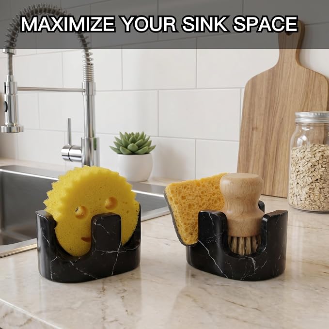 Black Marble Sponge Holder for Kitchen Sink, Dual Slot Stone Caddy, Nero Marquina | 2-in-1 Natural Marble Sponge & Brush Holder, Raised Edge Helps Catch Water, Keeps Countertop Dry, Luxury Kitchen Decor