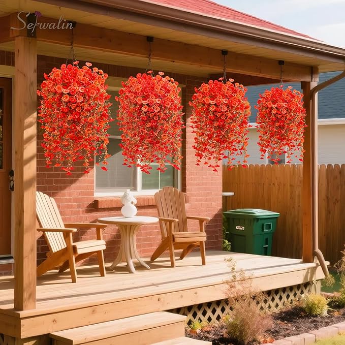 Serwalin 4PCS Artificial Fall Flowers for Outdoors, UV Resistant Fake Silk Artificial Hanging Plants Outdoor for Porch Patio Balcony Outdoor Planter Garden Yard Fall Decor(Orange&Red,4PCS)