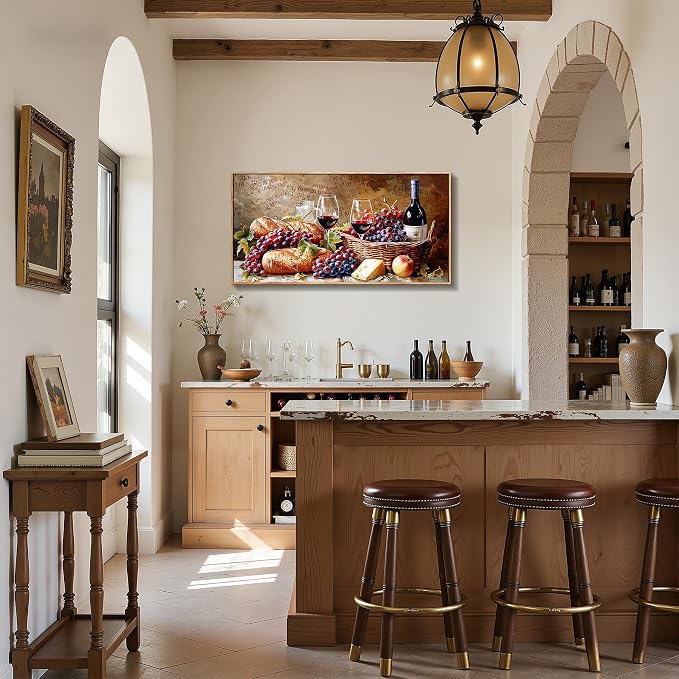 imjiayu Large Framed Wall Art, Kitchen Wall Art, Rustic Wall Decor, Vintage Food Wine Painting Prints, Fruit Harvest Pictures for Living Room Dining Room Pub Home Bar Farmhouse Decorations 20"x40"