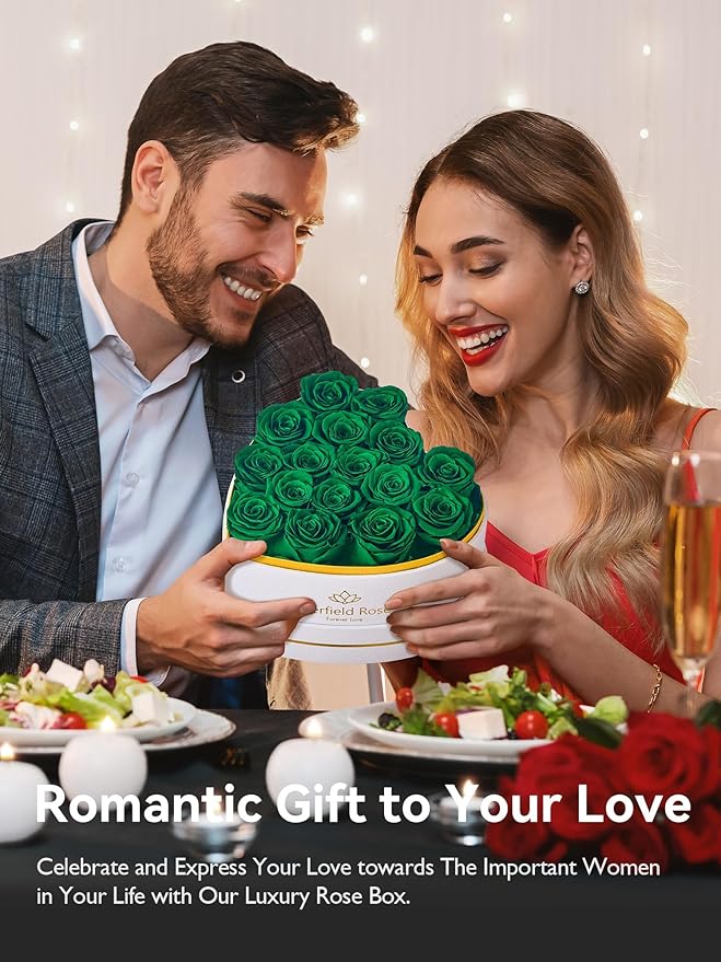 Eterfield 16 Forever Flowers in Heart Shape Box, Preserved Roses That Last a Year Preserved Flowers Birthday Gifts for Her Mom Women Wife Anniversary Valentines Day Mothers Day Christmas, Green