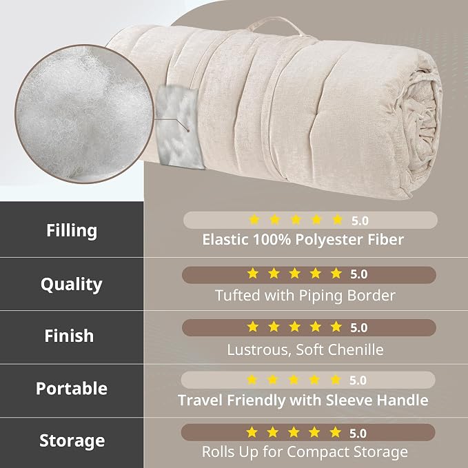 Intelligent Design Edelia Foldable Poly Chenille Light Weight Lounge Floor Pillow Cushion Tufted Seat for Meditation, Game Playing, Yoga, Reading with Travel Wrap, 74x27, Ivory