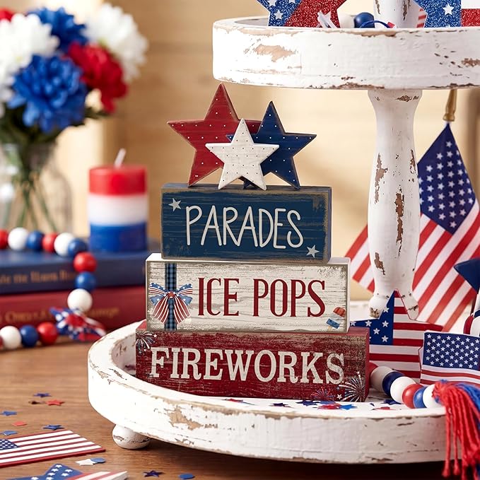 4 Pcs 4th of July Decorations Patriotic Tiered Tray Decor Memorial Day Tabletop Decoration Red White Blue Table Centerpieces Parades Star Decorative Trays for Tiered Tray Home Shelf 250th Anniversary