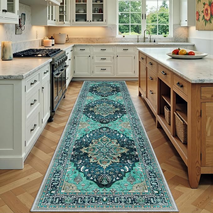 RELEANY Area Rugs 2'x7' Runner Rug Non Slip Washable for Kitchen Hallway Bedroom Beside Laundry Room Bathroom Rug, Floor Carpet, Teal Green Lake Blue Turquoise