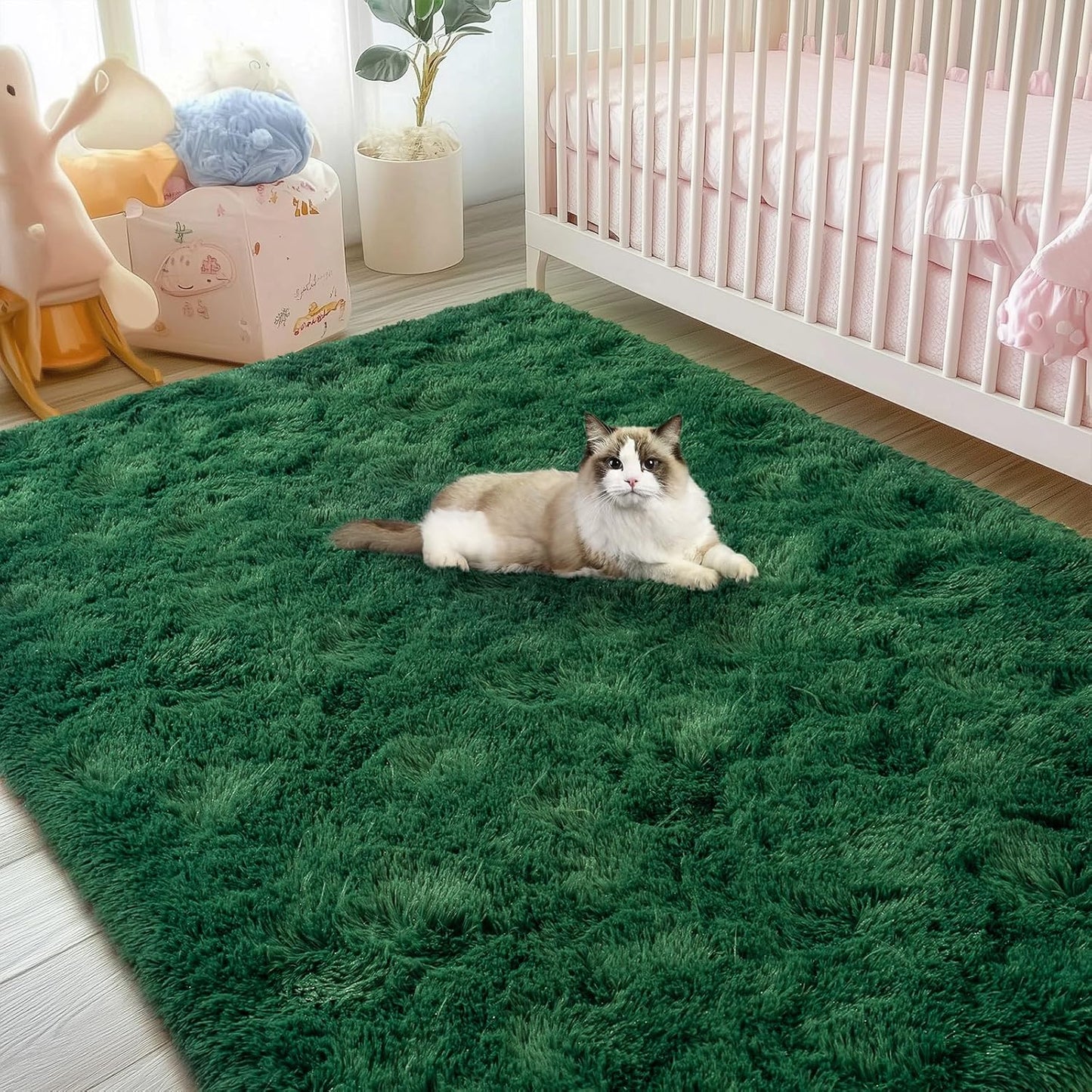 Rezutan Fluffy Rug for Living Room Bedroom, Large Comfy Modern Shaggy Fuzzy Kids, Plush Indoor Nursery Classroom Home Decor Bedside Rug with Non-Slip Bottom, Blackish Green, 8 X 10 Feet